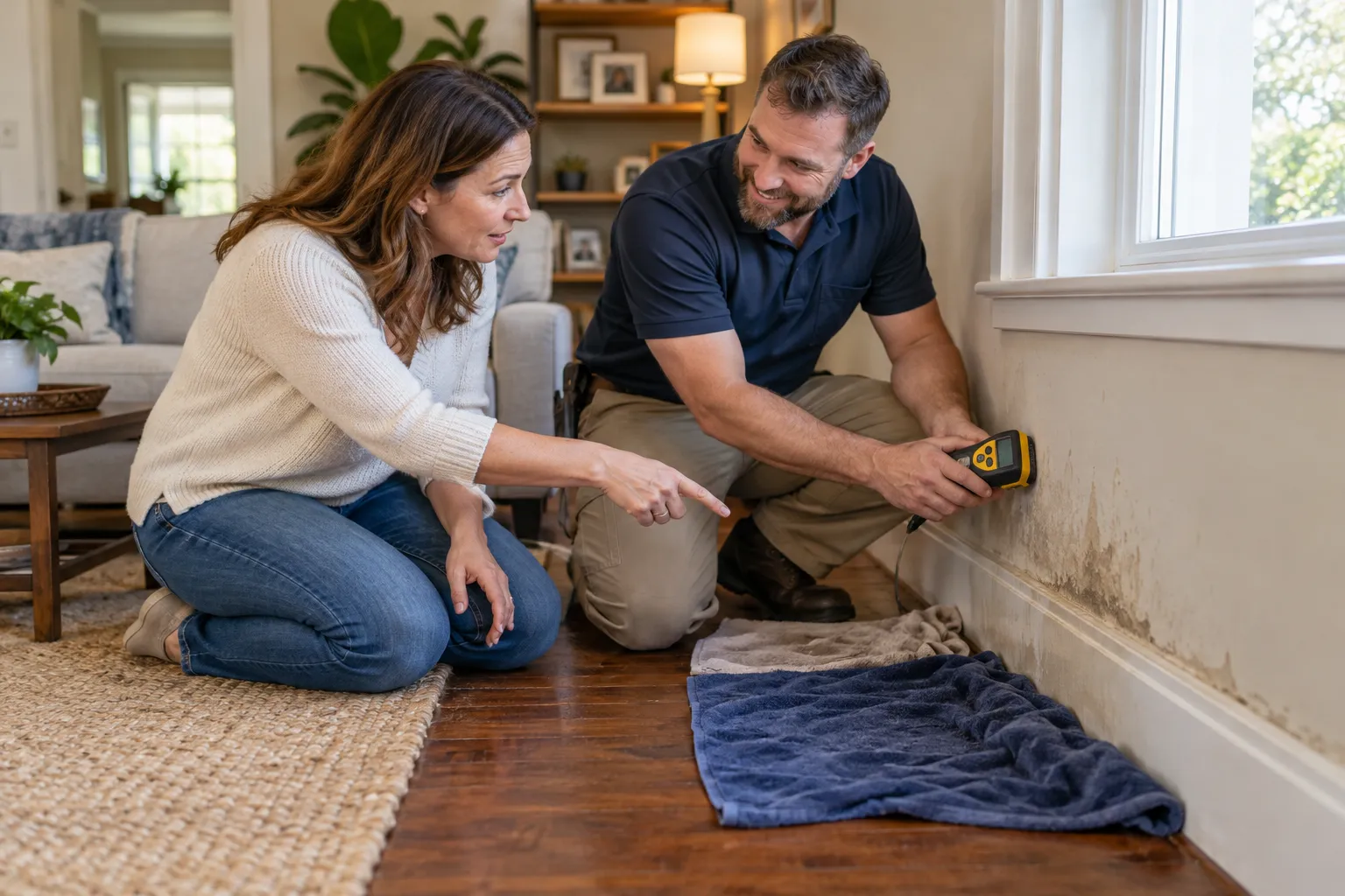 Water damage restoration technician drying a flooded living room in Greenville